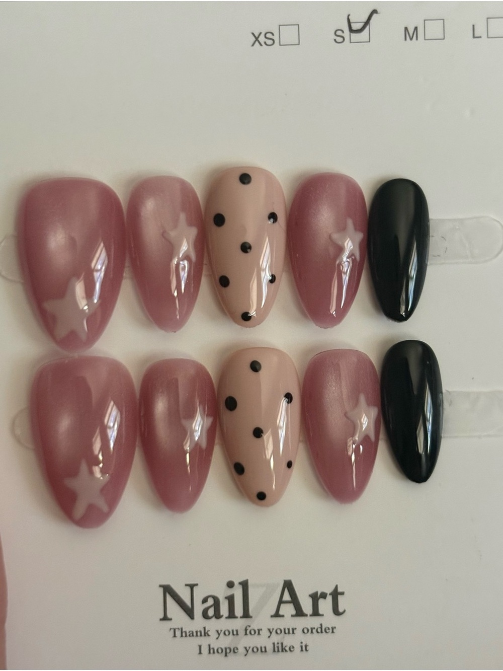 Press-On Nail Set - Dusty Rose, Blush & Black Star & Polka Dot Design